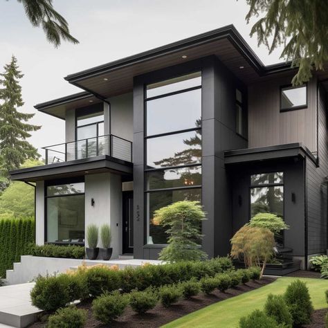 House With Black Trim, Industrial House Exterior, Gray House Exterior, White Exterior Houses, House Outer Design, Grey House, Contemporary House Exterior, Modern Contemporary Homes, Modern House Facades