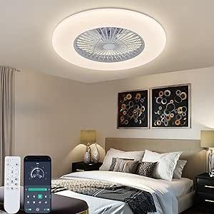 KAMLAM Bladeless Ceiling Fan with Light, 24" Modern Low Profile Flush Mount Ceiling Fan with 3 Color Dimmable Smart LED, 6 Speeds Timing Reversible, Enclosed Ceiling Fan Remote & APP Control White Bladeless Ceiling Fan With Light, Low Profile Ceiling Fan, Bladeless Ceiling Fan, Flush Mount Ceiling Fan, Fan With Light, Led Ceiling Fan, Fan Lamp, Ceiling Fan With Remote, Dim Lighting