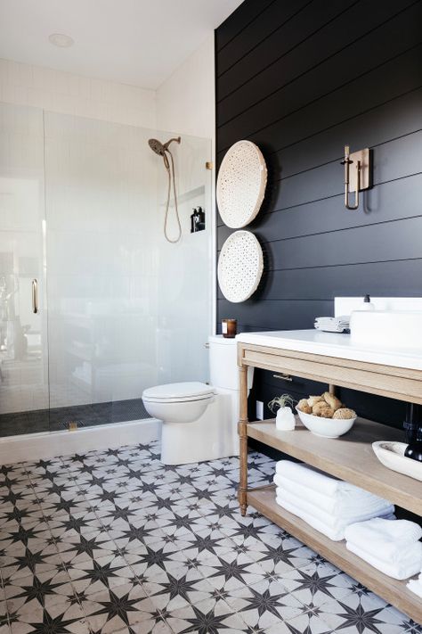 50 Farmhouse Bathroom Decor Ideas You Will LOVE - NP Black And White Bathroom With Shiplap, Black And White Patterned Tile Bathroom, White Tile With Black Accent, Black Star Tile Bathroom, Bathroom Black Shiplap, Black Bathroom Flooring, Pattern Tile Floor Bathroom, Patterned Tile Floor Bathroom, Star Bathroom Tile