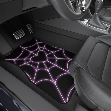 Y2K Themed Pink Spider Web Heart Car Mats - Stylish Car Accessories for a Trendy Ride Add a bold, unique touch to your car interior with our Y2K themed Pink Spider Web Heart Car Mats! These customizable floor mats combine edgy design with practical functionality, making them the perfect car decor for those who love to stand out. Key Features: Material: Crafted with a durable polyester needle-punch surface, ensuring vibrant colors and long-lasting quality. Design: Features a striking pink heart w Aesthetic Seat Covers For The Car, Pink Car Mats, Black And Pink Car Interior, Cool Car Stuff, Kuromi Car Accessories, Cool Car Mods, Goth Car Interior, Car Mods Interior, Pink Car Decor