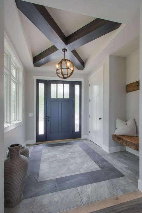 Entry: ceramic tile floor with contrasting color ceramic tile detail, coffer ceiling with box beam cross detail, floating rustic wood bench. #diyhome #homeimprovement #diy #renovation #homerenovation Front Hallway Tile Floor, Entrance Ceramic Floor, Dining Room Tile Floor Ideas, Entrance Tiles Design, Foyer Tiles Entryway, Floor Tile Design Entrance, Foyer Floor Design, Foyer Floor Tile, Entrance Tiles Entryway