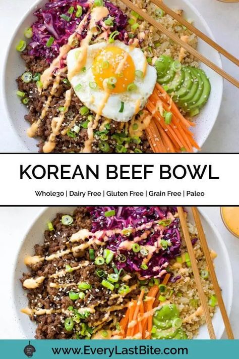 This easy Whole30 Korean Beef Bowl is filling and so flavourful. Caramelized beef, cauliflower rice, shredded cabbage, avocado and carrots are served in a big bowl, topped with a fried egg and drizzled with spicy mayo, it's so so tasty! This recipe takes just 30 minutes to make and is Whole30, Paleo, Gluten Free and Dairy Free. Paleo Bowls, Shaved Beef Recipes, Beef Cauliflower Rice, Shaved Beef Recipe, Ground Beef Bowls, Gina Livy, Beef Cauliflower, Beef Bowl Recipe, Korean Ground Beef