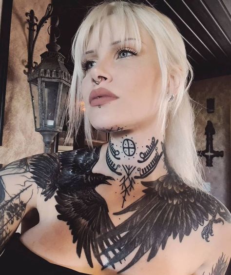 VIKINGS || Viking Warriors on Instagram: “🔥Huginn and Muninn😍 Reposted From @ida.morbida Model: @ida.morbida Ravens made by @nero_sin & @rille_sickboys Tag @runicfella to have a…” Gothic Neck Tattoo, Chest Tattoo Cover Up, Chest Neck Tattoo, Pagan Tattoo, Girl Neck Tattoos, Catrina Tattoo, Throat Tattoo, Goth Tattoo, Blackout Tattoo