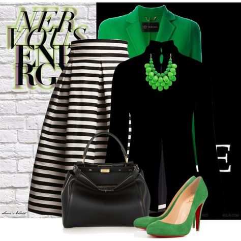 Green, Black and White by sonies-world on Polyvore featuring Temperley London, Versace, Rumour London, Christian Louboutin, Fendi, white, black, Pumps and GREEN Scandal Fashion, Derby Outfits, Church Attire, Sassy Outfit, Stylish Work Attire, Temperley London, Green Outfit, Work Outfits Women, Work Attire