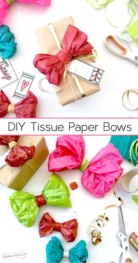 Make your own tissue paper bows - they're quick and easy and cost a fraction of store bought bows! Tissue Paper Bow, Paper Bows Diy, Healthy Gift Basket, Paper Bows, Tissue Paper Crafts, Tissue Paper Wrapping, Healthy Gift, Paper Bow, Tissue Paper Flowers