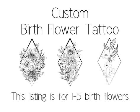 Custom Birth Flower Tattoo Design Birth Flower Bouquet - Etsy Canada Flower Bouquet Tattoo, October Birth Flowers, July Birth Flower, November Birth Flower, May Birth Flowers, Bouquet Tattoo, Birth Flower Tattoos, Flowers Tattoo, Line Art Tattoos