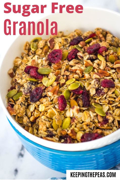 Nut lovers unite! This easy sugar free granola made with almond butter, pecans, and unsweetened cranberries is your answer to breakfast on busy mornings. With no added sugar this homemade granola is a healthy start to the morning. Unsweetened Granola Recipe, Granola For Diabetics, No Sugar Granola Recipe, Homemade Sugar Free Granola, Sugar Free Granola Recipe, Sugar Free Granola Bars, Sugar Free Granola, Make Your Own Granola, Granola Recipe Healthy