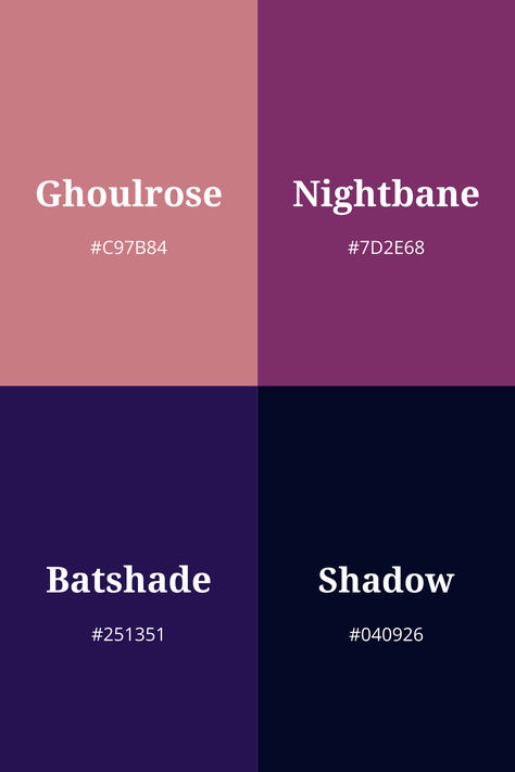 A palette of Halloween-inspired colors showcasing four distinct shades: Ghoulrose (#C97B84), a soft rosy hue; Nightbane (#7D2E68), a deep, mysterious purple evoking the essence of a witching hour; batshade (#251351), a rich berry tone; and Shadow (#040926), an inky black that symbolizes the depths of the night. Hocus Pocus Color Palette, Purple And Black Color Palette, Spooky Color Palette, Whimsical Color Palette, Plum Color Palette, Color Palette Purple, Halloween Color Palette, Purple Color Schemes, Halloween Color