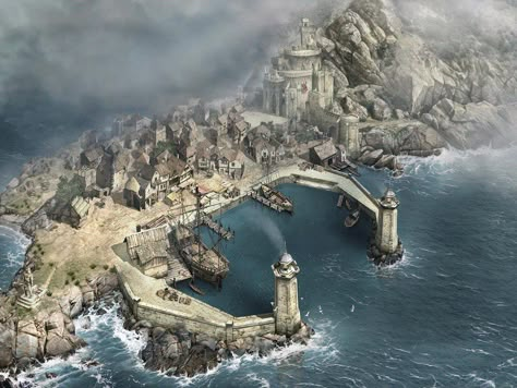 Treyarch ports. But I imagine them much bigger. Treyarch is the second biggest of all six kingdoms. Fantasy Coastal Village, Fantasy Port Town, Fantasy Docks, Coastal Village, Fantasy Town, Harbor Town, Location Inspiration, Fantasy City, Fantasy Castle