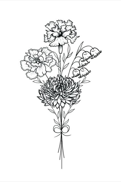 Carnation Chrysanthemum Tattoo, Carnation And Marigold Flower Tattoo, Chrysanthemum And Carnation Bouquet, Carnation And Chrysanthemum Tattoo, Chrysanthemum Tattoo Ideas, Carnation And Marigold Tattoo, Chrysanthemum Bouquet Tattoo, Birth Flower Fine Line, Marigold And Cosmos Tattoo