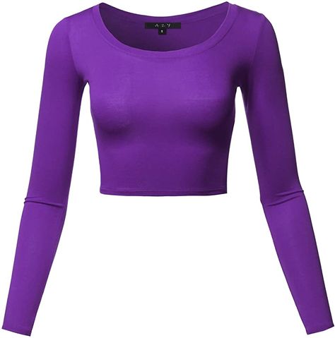 Women's Basic Solid Stretchable Scoop Neck Long Sleeve Crop Top at Amazon Women’s Clothing store Crop Top Purple, Alt Clothes, Purple Crop Top, Body Outfit, T Shirt Crop Top, Half Shirts, Scoop Neck Long Sleeve, Purple Shirt, Crop Top Shirts