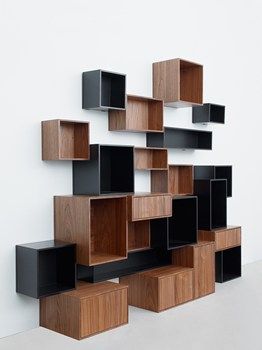 Cubit in 15 new colours and natural walnut veneer Use plywood from framer down the street Modular Furniture Design, Unique Shelves, Regal Design, Storage Wall, Modular Shelving, Modular Storage, Shelving Systems, Wooden Shelf, Modular Furniture