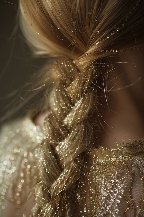 Gold Sparkle Aesthetic, Gold Hair Aesthetic, Gold Yellow Aesthetic, Glitter Hairstyles, Festival Hair Ideas, Long Hair Color Ideas, Sparkle Aesthetic, Angel Michael, Whimsical Hair