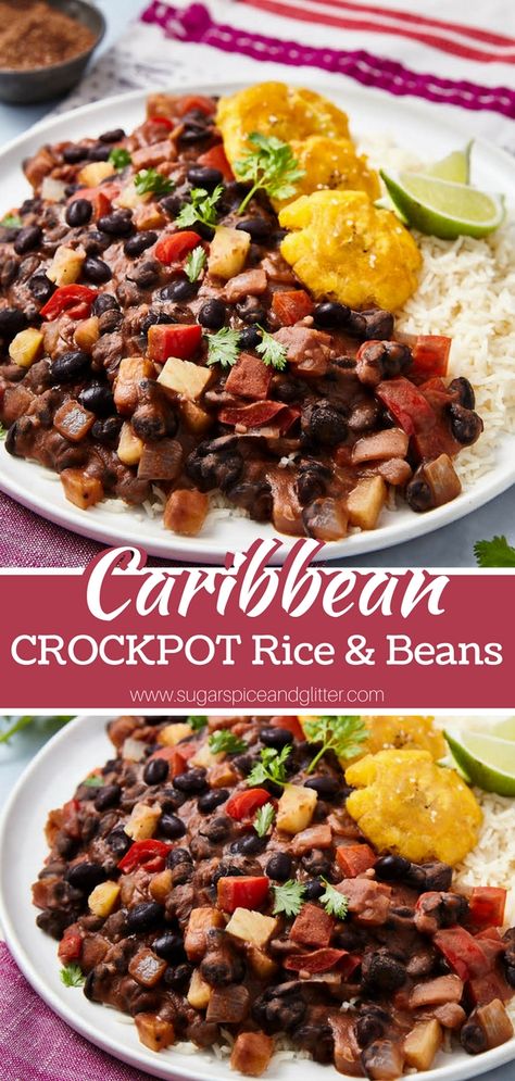 Crockpot Caribbean Rice & Beans Caribbean Rice And Beans, Beans Crockpot, Caribbean Rice, Beans In Crockpot, Carribean Food, Mexican Rice Recipes, Vegetarian Crockpot Recipes, Rice Beans, Meatless Monday Recipes