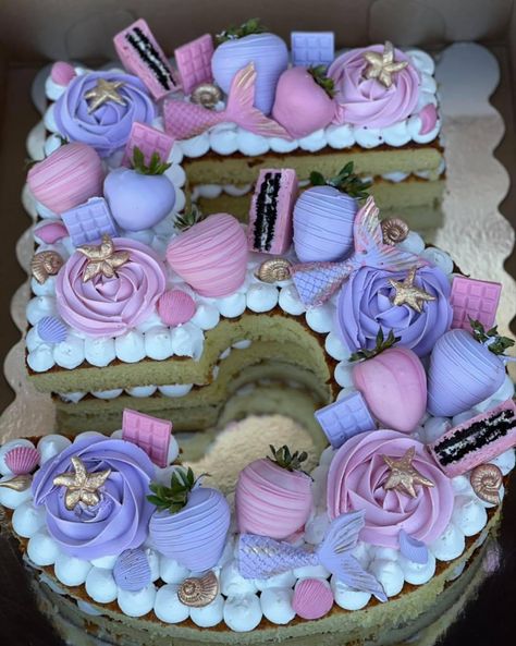 Pink And Blue Number Cake, Pink And Purple Number Cake, Purple Number Cake, Mermaid Number Cake, Unicorn Number Cake, Zoe Cake, Mermaid Number, Holiday Cake Decorating, Mickey Birthday Cakes