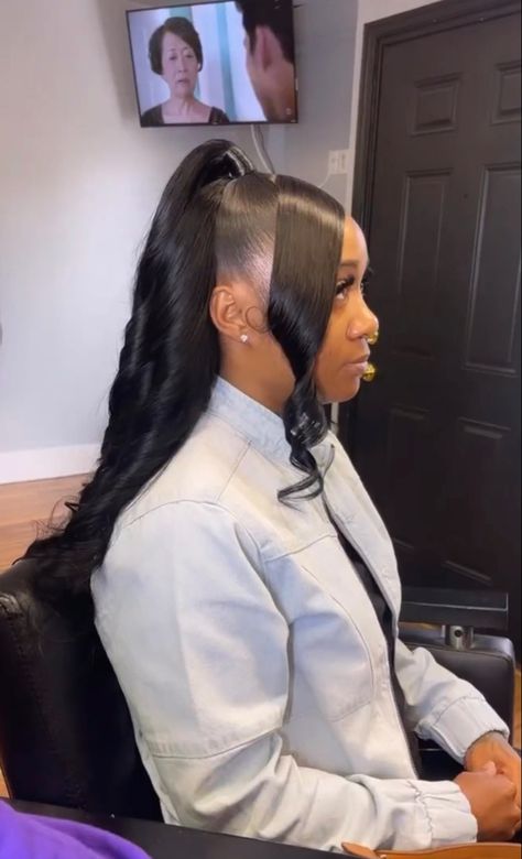 High Ponytail With 2 Bangs, Bang Half Up Half Down, Half Up Half Down With Bangs Wig, Half Up Half Down With Bun And Bang, Frontal Ponytail With Two Bangs, Bday Hairstyles, Weave Hairstyles Braided, Knot Bun, Sleek Ponytail Hairstyles