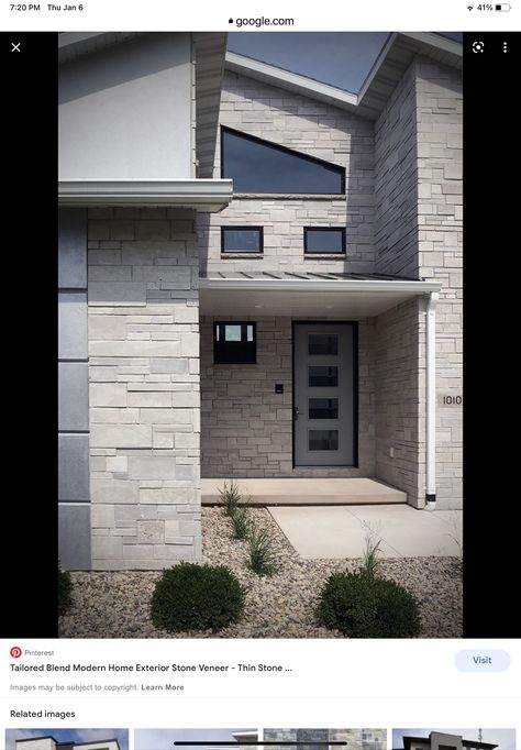 White Stacked Stone Exterior, Modern Stone Veneer Exterior, House Stone Exterior Ideas, Exterior Stone And Siding Combinations, Modern Stone House Exterior, Stacked Stone Exterior, Modern Exterior Stone, Stone Cladding Exterior, Stone Veneer Exterior