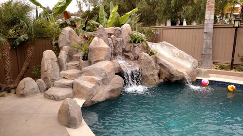 Making Fake Rock Waterfalls for Pools — Dave R. Henderson Pool Waterfall Diy, Waterfalls Backyard Diy, Fake Landscape Rocks, Diy Faux Rocks, Diy Ponds Backyard, Diy Waterfall, Fish Pond Gardens, Fake Rock, Natural Swimming Ponds