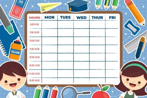 Back to school timetable concept | Free Vector #Freepik #freevector #school #books #design #template Timetable School, School Timetable Template, Timetable Planner, Back To School Images, Class Schedule Template, Timetable Template, Scheduling Template, School Art Activities, Weekly Planner Free Printable