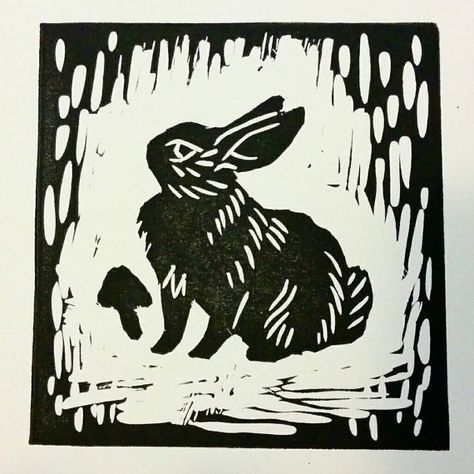 Rabbit linocut Rabbit Lino Print, Rabbit Block Print, Black Rabbit Illustration, Linocut Rabbit, Bunny Linocut, Rabbit Linocut, Black Rabbit Art, Linocut Prints Simple, Cute Linocut