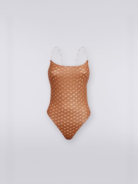 Jewelled chain straps with faceted beads enrich the viscose women’s one-piece swimming costume. The refined lace-effect technique with a glossy finish further emphasises the preciousness of the garment.