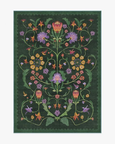 Iris Apfel Protea Forest Green Tufted Rug | Ruggable Forest Green Rug, Deep Green Background, Background Water, Ruggable Rug, Floral Fabrics, Green Sofa, Flat Woven Rug, Lavender Pink, Botanical Design