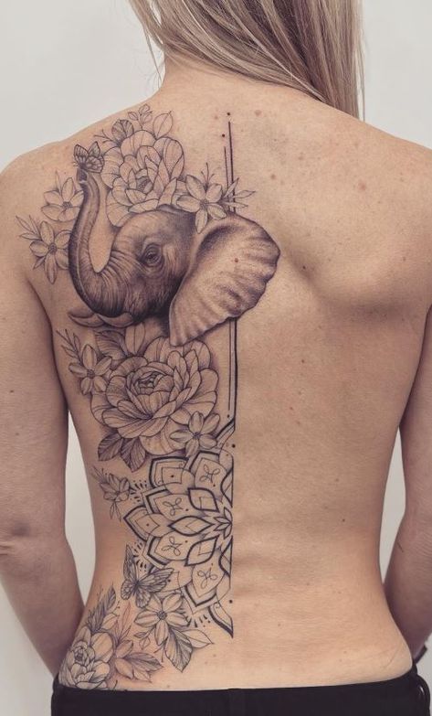 Elephant On Back Tattoo, Elephants And Flowers, Elephant Tattoo With Trunk Up, Elephant Side Tattoo, Elephant Tattoos With Trunk Up, Elephant With Trunk Up Tattoo, Trunk Up Elephant Tattoo, Elephant Tattoos Trunk Up, Elephant Back Tattoo Women