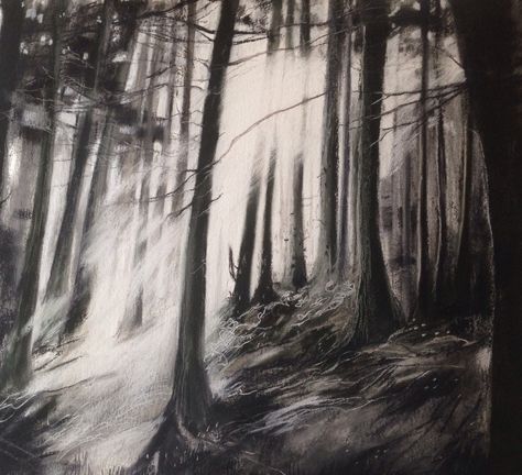 Charcoal of thetford forest Spooky Scenery Drawing, Dark Landscape Drawing, Spooky Path Drawing, Spooky Woods Painting, Spooky Forest Drawing, Scary Forest Drawing, Nightmare Before Christmas Painting Ideas, Dark Drawing Ideas, Spooky Sketches