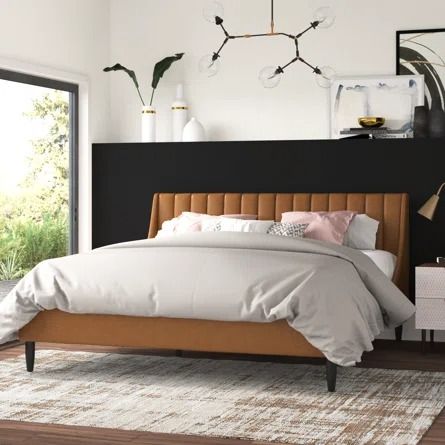 Wade Logan® Afraa Tufted Upholstered Low Profile Platform Bed | Wayfair Wade Logan Upholstered Bed, Wood Bed With Upholstered Headboard, Leather King Bed Frame, Low Profile King Bed, Upholstered Beds Bedroom Ideas, Caramel Bedroom, Low Headboard Bed, Leather Bed Bedroom, Tufted Headboard Bedroom