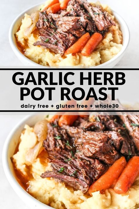 This easy pot roast cooks in the slow cooker with carrots, onions, and an incredibly delicious garlic herb gravy! The finished meat is fall apart tender. Serve over mashed potatoes (or add the potatoes to the slow cooker if you prefer) for the ultimate comfort food meal! 2023 Crockpot Meals, Crockpot Recipes For Working Moms, Beef Recipes For Dinner Crockpot Meals, Easy Crockpot Sunday Dinner Ideas, Pot Roast Mashed Potatoes And Gravy, Crockpot Food Recipes, Friday Night Crockpot Dinner, Easy Cockpit Meals, Stay At Home Mom Dinner Ideas