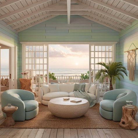 beach house living room pastels Beach House Living Room, Beach Bungalow, House Living Room, Wooden Room, Island Life Style, Blues And Greens, Wooden Accessories, Beach Bungalows, Lounge Area