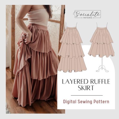 Layered Ruffle Skirt printable pattern and tutorial. - Flat front, gather back waistband - Intermediate skill level - Use light weight woven or knit fabric - Sizes XXS-7XL - Printable A4/Letter/A0 templates and projector file included - Hand draft tutorial included - Full step by step illustrated tutorial included - Fabric amounts 5.5 - 8.75 yd - BODICE NOT INCLUDED - THIS IS NOT A FINISHED PRODUCT - THIS IS NOT A PHYSICAL PAPER PATTERN Disclaimer - The information in this tutorial and the accom Layered Crochet Skirt, Layered Ruffle Skirt Pattern, Ruffle Skirt Pattern Free, Maxi Skirt Pattern Free, Layered Skirt Pattern, Sewing Skirts Patterns, Ruffle Skirt Pattern, Projector Sewing, Layered Ruffle Skirt