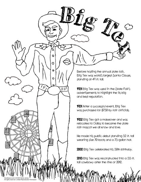 Big Tex Texas State State Fair Coloring Pages State Fair Coloring Pages for Kids State Fair Aesthetic State Fair Aesthetic, Texas Coloring Pages, State Fair Theme, Fair Aesthetic, Fair Theme, Texas State Fair, Doodles Art, Texas State, State Fair