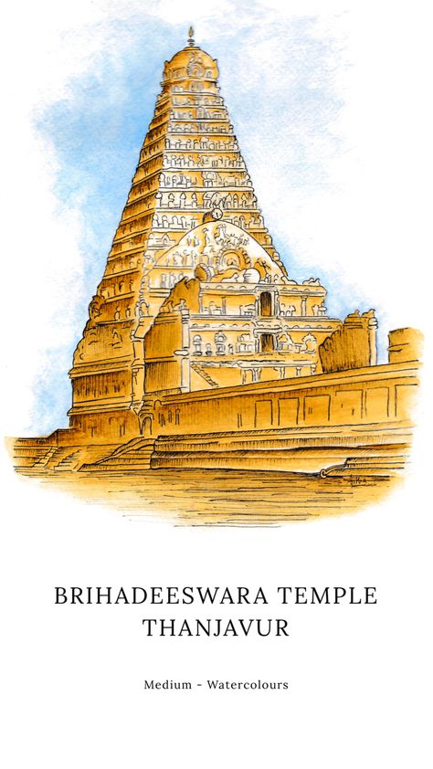 Brihadeshwara Temple Sketch, Thanjavur Temple Drawing, Tanjore Temple Drawing, Thanjavur Temple Painting, Temple Illustration Indian, Indian Architecture Drawing, Indian Temple Illustration, Ponniyin Selvan Paintings, Temple Painting Indian