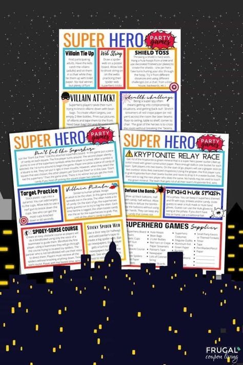 Are you looking to host an awesome kids' birthday party? How about a superhero birthday party? We've rounded up the best superhero-themed games and activities. Set includes 15 birthday party games for kids with fun game instructions and a supply list so you are prepared for your birthday party. Print these kids party game ideas and enjoy the low-cost party entertainment today! #FrugalCouponLiving #superhero #partygames #kidsgames Superhero Birthday Party Games, Superhero Games, Superhero Camp, Games In The Classroom, Villain Party, Pink Superhero, Superhero Birthday Party Ideas, Superhero Party Games, Spidey Sense