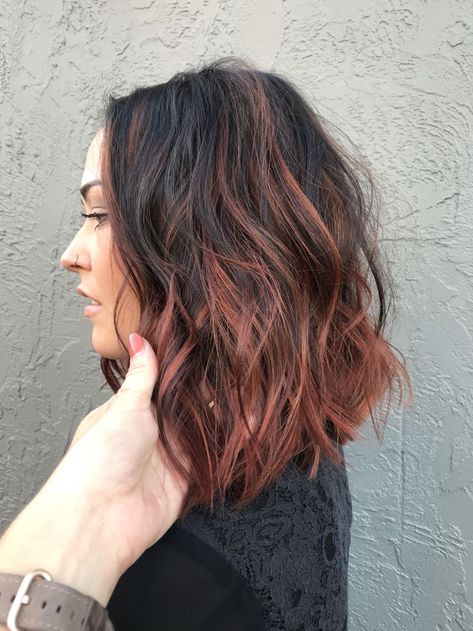 Medium Brown With Red Balayage, Short Balayage Hair Red, Shoulder Length Hair Red Balayage, Red Balayage Hair Medium Length, Red Balyage Short Hair Brunette, Short Copper Balayage Hair, Auburn Balayage Bob, Short Brown And Red Hair, Dark Brown With Red Balayage