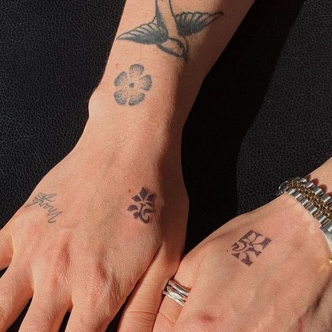 Mich on Instagram: "“mirrored” floral flash variation. Hand poked @yarrow.studio. Thanks for the trust, Mackenzie! Featuring script by @crybabyricecake and wrist flowers by @cece.pokes. • • • • • #stickandpoke #handpokedtattoo #handpoketattoo #handpokeartist #handpushed #handpokenyc #nychandpoke #brooklyntattoo #brooklyntattooartist #qttr #poc #qpoc #qpocttt #handtattoos #fingertattoos #smalltattooideas" Hand Poked Flower Tattoo, Hand Poke Flower Tattoo, Fine Line Girly Tattoos, Holly Tattoo, Tattoo Catalog, Fan Tattoo, Wrist Flowers, Small Flower Tattoos, Hand Poked Tattoo