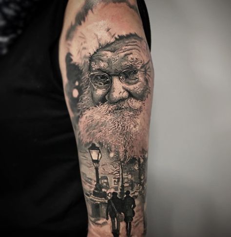 Old Man Winter Tattoo, Christmas Sleeve Tattoo, Christmas Tattoo Sleeve, Christmas Tattoo Ideas, Christmas Tattoos, Winter Tattoo, Random Tattoos, Tattoo Machine Tattoo, Needle Tattoo