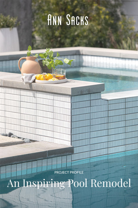 California pool design with white ribbed tile waterline Ribbed Tile, California Pool, Pool Makeover, California Pools, Ann Sacks Tile, Rooftop Patio Design, Ann Sacks Tiles, Pool Life, Pool Remodel