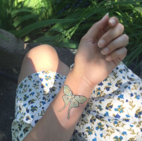 Realistic Luna moth tattoo, wrist tattoo Luna Moth Forearm Tattoo, Moth Tattoo On Wrist, Lunar Moth Tattoo Color, Realistic Luna Moth Tattoo, Luna Moth Wrist Tattoo, Luna Moth Leg Tattoo, Simple Lunar Moth Tattoo, Green Luna Moth Tattoo, Luna Moth Drawing Simple