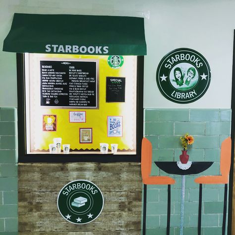 StarBooks Display outside our Library Starbooks Display, Starbooks Reading Area, Starbucks Classroom, Poetry Classroom, Coffee Classroom, Maths Classroom Displays, Cafe Classroom, Starbucks Theme, European Bistro