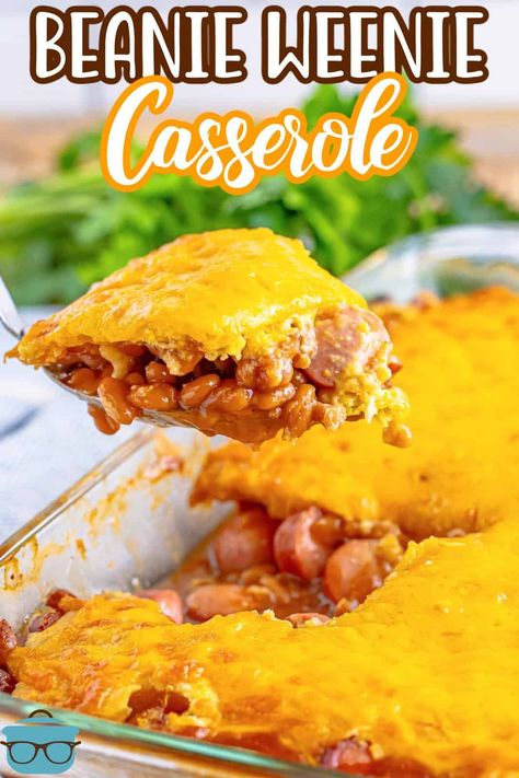 You don't need to be a kid to enjoy this comforting dish! Combining cheesy cornbread, baked beans and hot dogs, this Beanie Weenie Casserole is always a hit with young and old alike! Beans And Weenies Casserole, Baked Bean Cornbread Casserole, Lil Smokies Baked Beans Cornbread, Hot Dog Baked Bean Casserole, Hot Dog Bean Casserole, Pork And Beans Casserole, Little Smokies Baked Beans And Cornbread, Beans And Weiners Casserole, Hot Dog And Bean Casserole