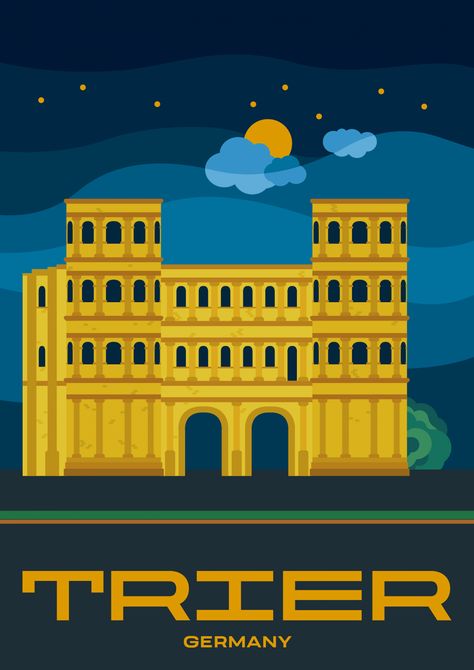 A modern, illustrated travel poster showing the Porta Nigra in Trier, the oldest city in Germany. Trier Germany, Art Of Persuasion, Europe City, Cities In Germany, Travel Ads, Visit Germany, Roman Baths, City Poster, Travel Illustration