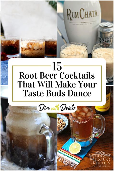 Collage of 4 root beer cocktails. Rootbeer Cocktail Recipes, Root Beer Liqueur Cocktails, Rootbeer Schnapps Recipe, Cocktails With Rootbeer, Root Beer Whiskey Drinks, Rootbeer Alcohol Drink, Mocktail With Root Beer, Rootbeer Cocktail Drinks, Root Beer Mixed Drinks