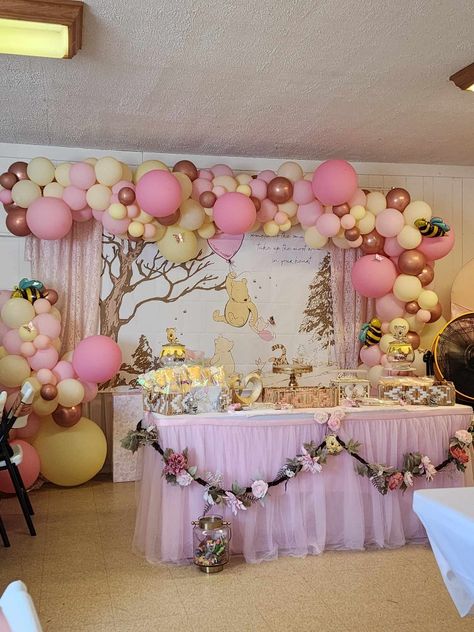 Piglet Party Decorations, Pooh Bear Table Centerpieces, Winnie The Pooh Baby Shower Girl Ideas Decoration, Piglet Themed Birthday Party, Pink Winnie The Pooh Party, Wine The Pooh Baby Shower Ideas Decor, Pink Pooh Baby Shower Ideas, Baby Girl Winnie The Pooh Shower Ideas, Girly Winnie The Pooh Party