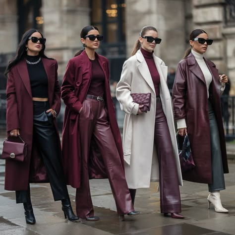 Bordo Pants Outfits, Burgundy Jacket Outfit Winter, Burgundy Leather Trousers Outfit, Burgundy Accent Outfit, Burgundy Long Coat Outfit, Burgundy Leather Coat Outfit, Burgundy Faux Leather Pants Outfit, Styling Leather Pants Outfit Ideas, Burgundy Leather Coat