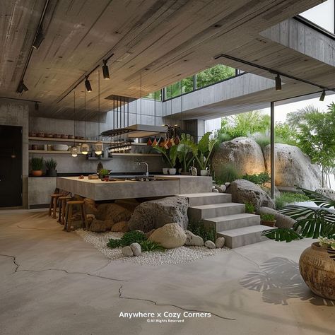 Eco Brutalist House, Kitchen Brutalist, Eco Brutalism Architecture, Eco Brutalism Interior, Brutalism House, Brutalist Kitchen, Tropical Brutalism, Eco Brutalism, Brutalist House