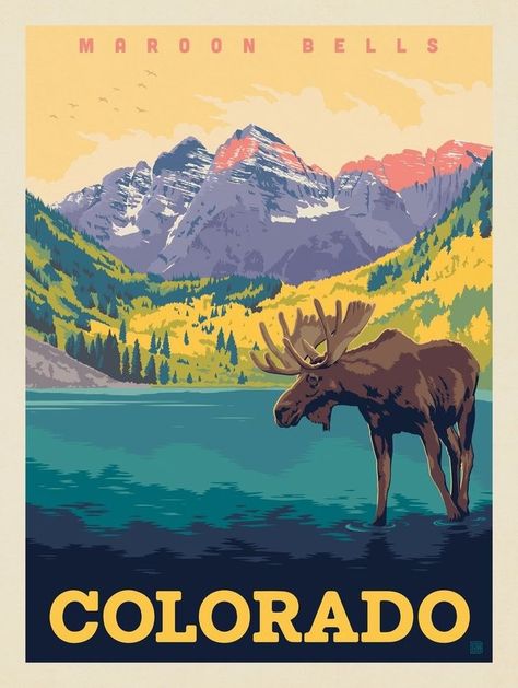 Colorado Vintage Poster, Colorado Painting Ideas, Colorado Aesthetic Wallpaper, Colorado Illustration, Colorado Postcard, Colorado Prints, Maroon Bells Colorado, Colorado Poster, Forest Valley