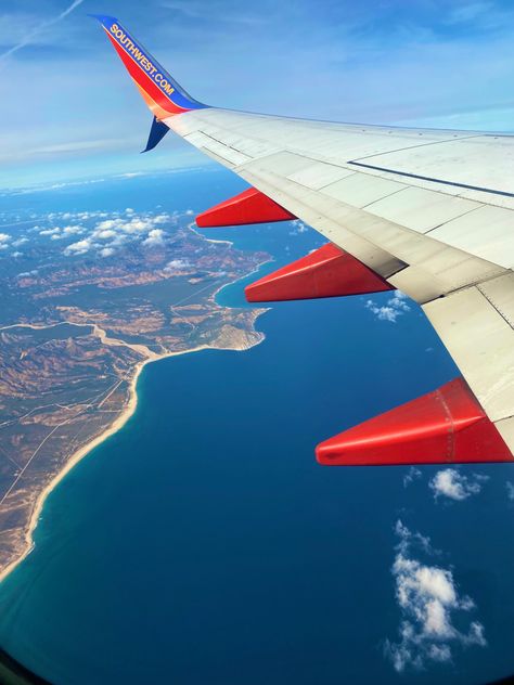 Southwest Airlines plane wing with a view of the ocean and land over Cabo, San Jose, Mexico Airlines Aesthetic, Board Pictures, My Future Job, Twenty Twenty, Future Job, Vision Board Pictures, Southwest Airlines, San Jose Del Cabo, Future Jobs