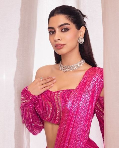 All posts • Instagram Pink Saree Look, Pink Sequin Saree, Khushi Kapoor, Capsule Wardrobe Casual, Party Makeup Looks, Gala Gown, Mumbai Wedding, Models Style, Ponytail Hairstyles Easy